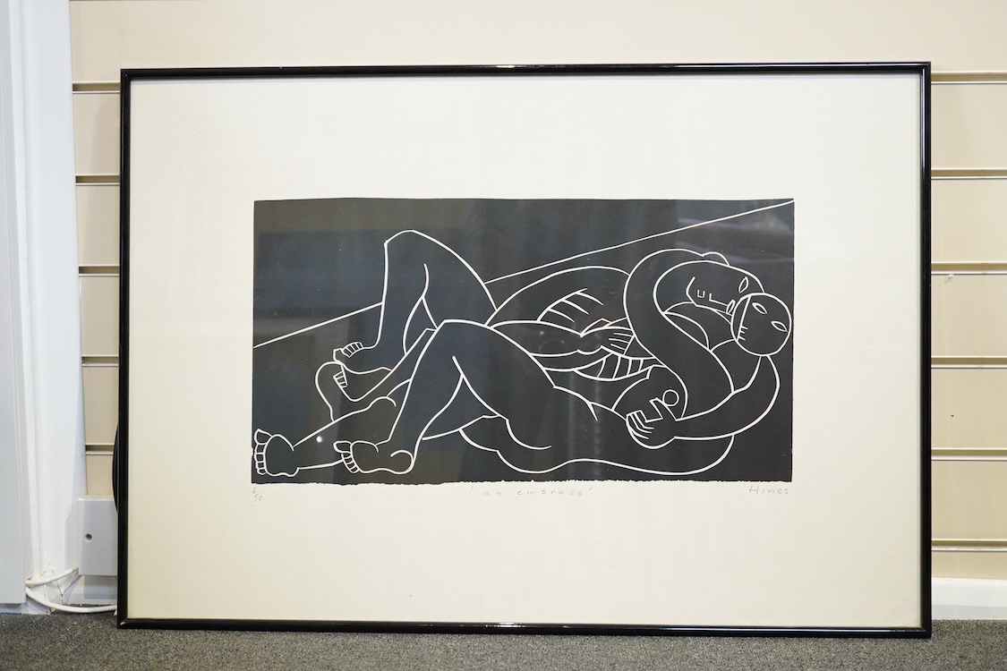 Jonathan Hines (20th. C), ‘An Embrace’, signed in pencil, limited edition 6/10, woodcut, 57 x 83cm